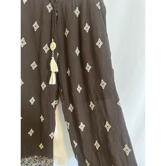 SUNDANCE Women MEDIUM Brown Embroidered Le Meridien Wide Leg Palazzo Crop Pants - Picture 6 of 12